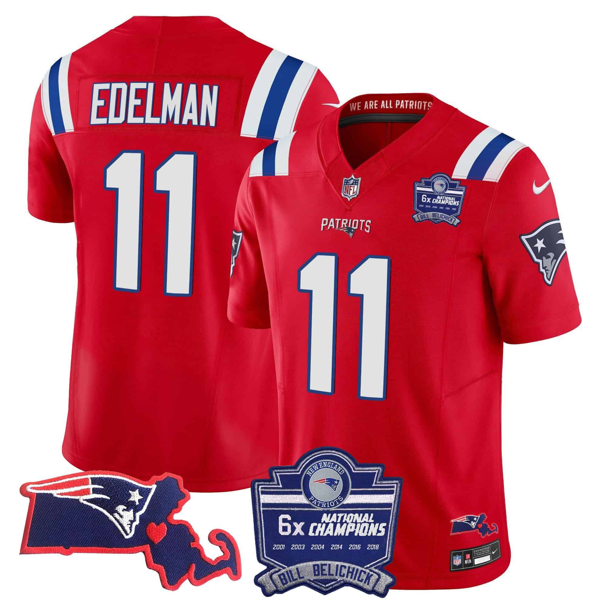 Men New England Patriots #11 Edelman Red 2024 Nike 6x Champions Patch Vapor Limited NFL Jersey